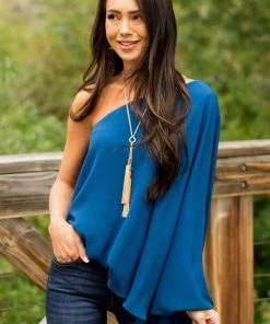 Main Strip Ocean One Shoulder Elastic Hem Flowy Blouse