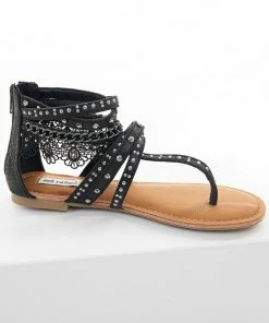 Brand Headquarters Black Strappy Sandals With Lace And Rhinestone Details