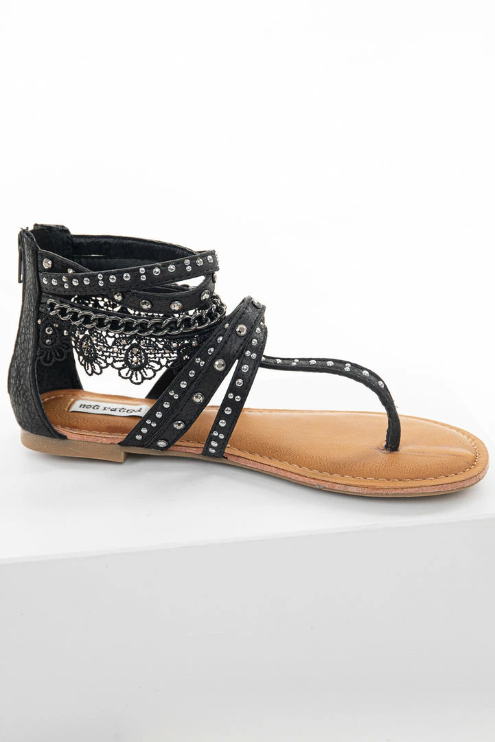 Brand Headquarters Black Strappy Sandals With Lace And Rhinestone Details 4 Brand Headquarters Black Strappy Sandals With Lace And Rhinestone Details