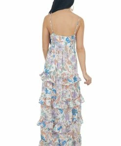 Peach Love Off White Floral Print Ruffle Tier Maxi Dress