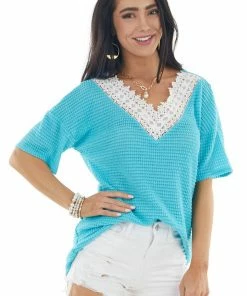 BiBi Aqua Waffle Knit V Neck Short Sleeve Top With Lace Detailing Tops 26 BiBi Aqua Waffle Knit V Neck Short Sleeve Top With Lace Detailing Tops