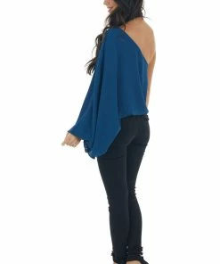 Main Strip Ocean One Shoulder Elastic Hem Flowy Blouse