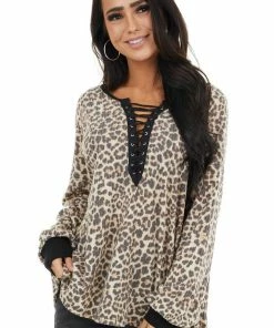 Lovely Melody Tops Cream And Charcoal Leopard Print Knit Top With V Neckline