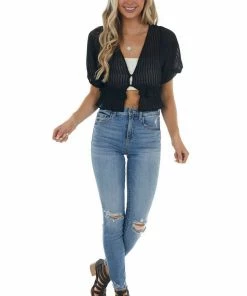 HYFVE Tops Black Plunging V Neck Short Sleeve Blouse