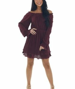 She + Sky Rich Wine Off The Shoulder Pleated Dress 15 She + Sky Rich Wine Off The Shoulder Pleated Dress