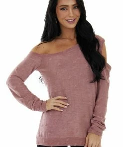 BiBi Tops Marsala Distressed Terry Knit Cold Shoulder Top