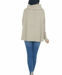 Blue B Oatmeal Cowl Neck Long Sleeve Brushed Knit Top Tops