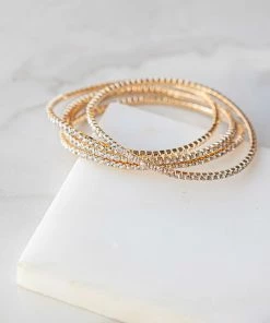 Fame Accessories Gold Rhinestone Elastic 5 Piece Bracelet Set