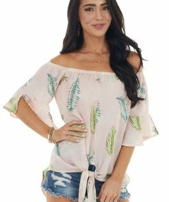 CY Fashion Tops Dusty Blush Leaf Print Off Shoulder Blouse With Front Tie
