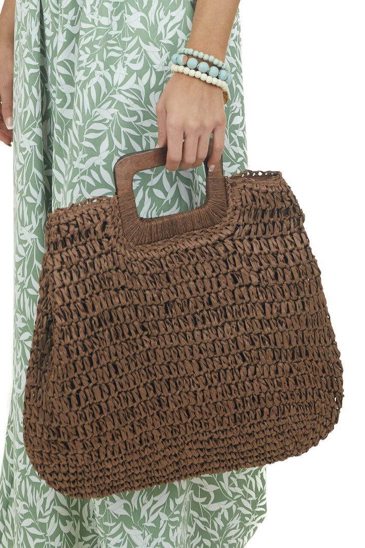 Fame Accessories Chocolate Raffia Straw Tote Bag With Wood Handle 6 Fame Accessories Chocolate Raffia Straw Tote Bag With Wood Handle