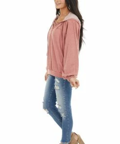 12PM Tops Dusty Coral Hooded Top With V Neck And Front Tie Detail 29 12PM Tops Dusty Coral Hooded Top With V Neck And Front Tie Detail