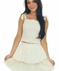 Hayden Cream Smocked Crop Top With Tie Straps Tops