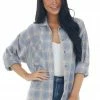 She + Sky Dusty Blue Plaid Front Knot Button Down Shirt Tops