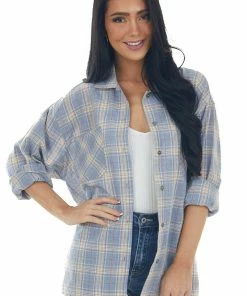 She + Sky Dusty Blue Plaid Front Knot Button Down Shirt Tops
