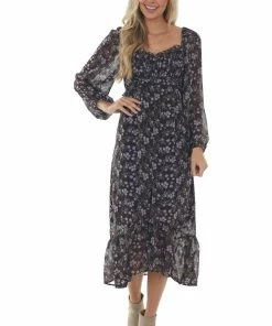 143 Story Dresses Cocoa Brown Floral Bubble Sleeve Midi Dress