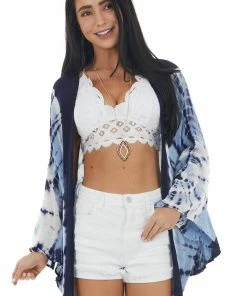 ANGIE Navy Tie Dye Print Open Front Kimono With Rounded Hem