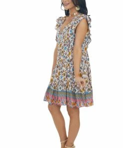 Umgee Blush Floral Print V Neck Tiered Short Dress Dresses