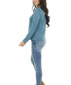 Lime 'N' Chili Teal Mock Neck Top With Long Sleeves And Puffy Shoulders 30 Lime 'N' Chili Teal Mock Neck Top With Long Sleeves And Puffy Shoulders