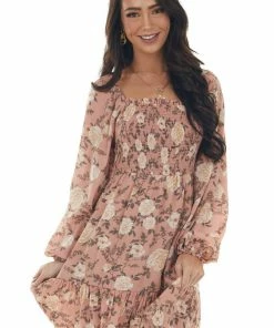 Blu Pepper Salmon Floral Print Smocked Short Dress Dresses