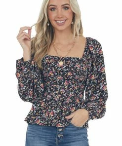 Entro Tops Black Floral Print Bubble Sleeve Peplum Blouse