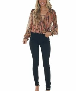 Peach Love Tops Multicolor Abstract Print Bubble Sleeve Blouse