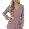 Peach Love Mauve Long Sleeve Tiered Mini Dress With Open Back 1 Peach Love Mauve Long Sleeve Tiered Mini Dress With Open Back