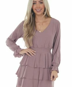 Peach Love Mauve Long Sleeve Tiered Mini Dress With Open Back