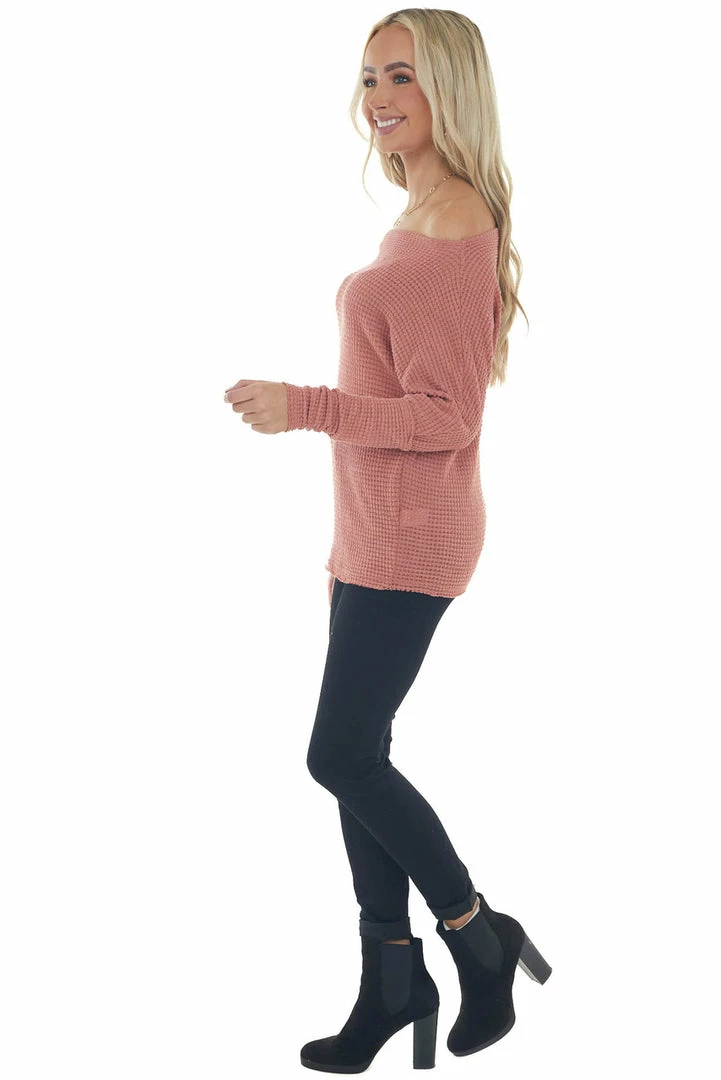 First Love Dark Rose Waffle Knit Boat Neck Long Cuff Top 16 First Love Dark Rose Waffle Knit Boat Neck Long Cuff Top