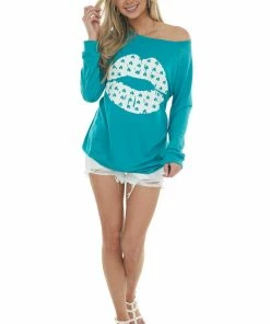 BiBi Pine Green Shamrock Lip Graphic Knit Top 23 BiBi Pine Green Shamrock Lip Graphic Knit Top