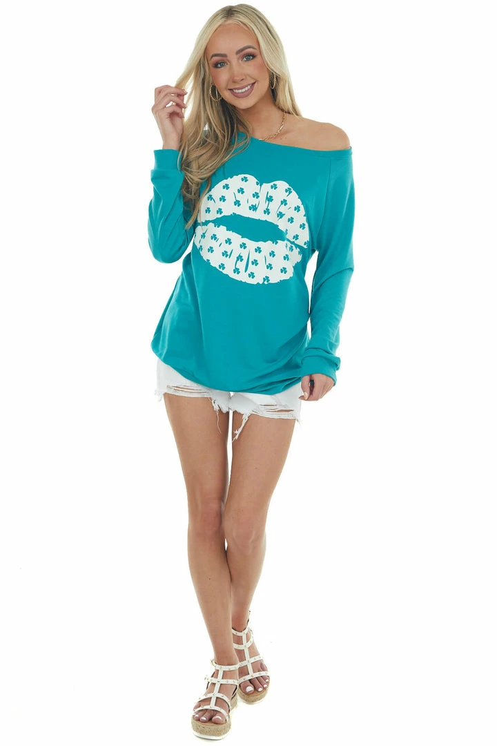 BiBi Pine Green Shamrock Lip Graphic Knit Top 11 BiBi Pine Green Shamrock Lip Graphic Knit Top