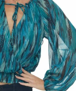 Peach Love Tops Sea Blue Abstract Print Metallic Thread Blouse
