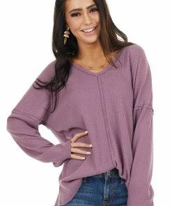 BiBi Deep Lavender Long Sleeve Waffle Knit Top With V Neckline Tops