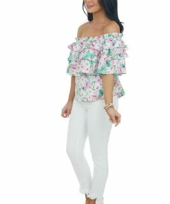 Entro Aquamarine Floral Off Shoulder Overlay Blouse
