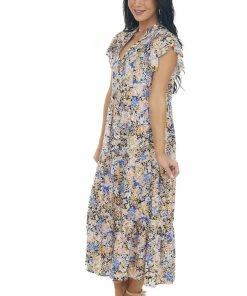 Entro Black Floral Rouched Flutter Sleeve Maxi Dress Dresses