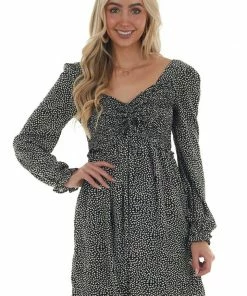 She + Sky Black Ditsy Leaf Print Long Sleeve Short Dress Dresses