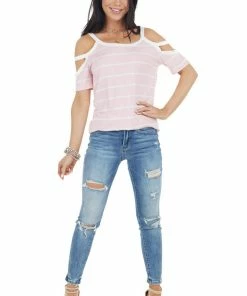 7th Ray Baby Pink And Ivory Striped Strappy Cold Shoulder Top Tops