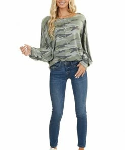 BiBi Sage And Grey Camo Knit Top With Long Dolman Sleeves 29 BiBi Sage And Grey Camo Knit Top With Long Dolman Sleeves