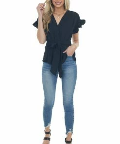 Umgee Black V Neck Blouse With Front Tie Detail Tops