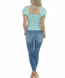 American Fit Tops Mint Textured Smocked Short Sleeve Top With Tie Detail