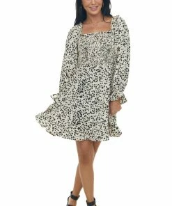 Jodifl Dresses Vanilla Cheetah Smocked Off Shoulder Dress
