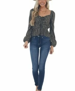 FSL APPAREL Black Animal Print Ruching Front Peplum Blouse