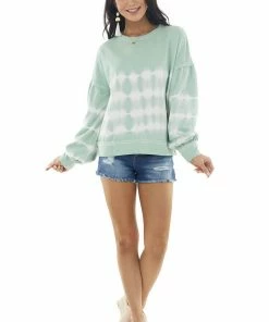 She + Sky Pistachio Tie Dye Knit Top With Long Bubble Sleeves