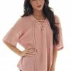 Ces Femme Coral Loose Knit Top With Lace Up V Neckline Tops