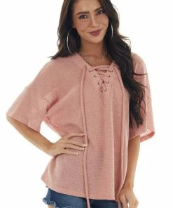 Ces Femme Coral Loose Knit Top With Lace Up V Neckline Tops