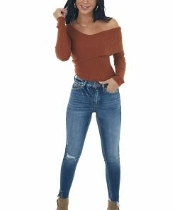 Lush Clothing Spice Long Sleeve One Shoulder Ribbed Knit Top Tops