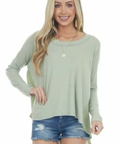 Entro Pistachio Long Sleeve High Low Knit Top With Woven Contrast 29 Entro Pistachio Long Sleeve High Low Knit Top With Woven Contrast