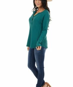 Umgee Forest Green Waffle Knit Henley Top With Raw Edge Details