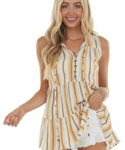 ANGIE Amber Striped Print Tank Top With Buttons Tops
