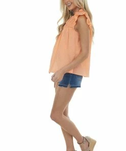Ces Femme Bright Melon Cap Sleeve Blouse With Lace Yoke