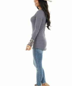 American Chic Dusty Navy Waffle Knit Top With Multiprint Cuff Detail Tops 31 American Chic Dusty Navy Waffle Knit Top With Multiprint Cuff Detail Tops